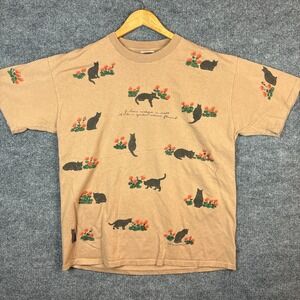 Vintage Relevant Products Cat Floral Print XL T-Shirt Single Stitch AOP 1996